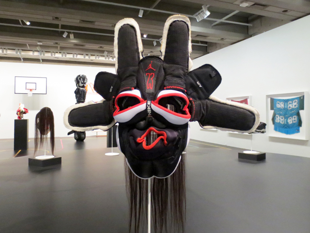 mask made from nike air jordan sneakers sculpture by brian jungen art exhibition ago toronto